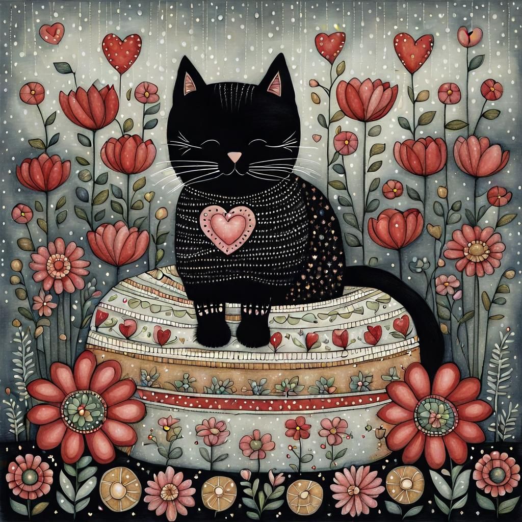 Cute Cat on Pillow Surrounded by Flowers