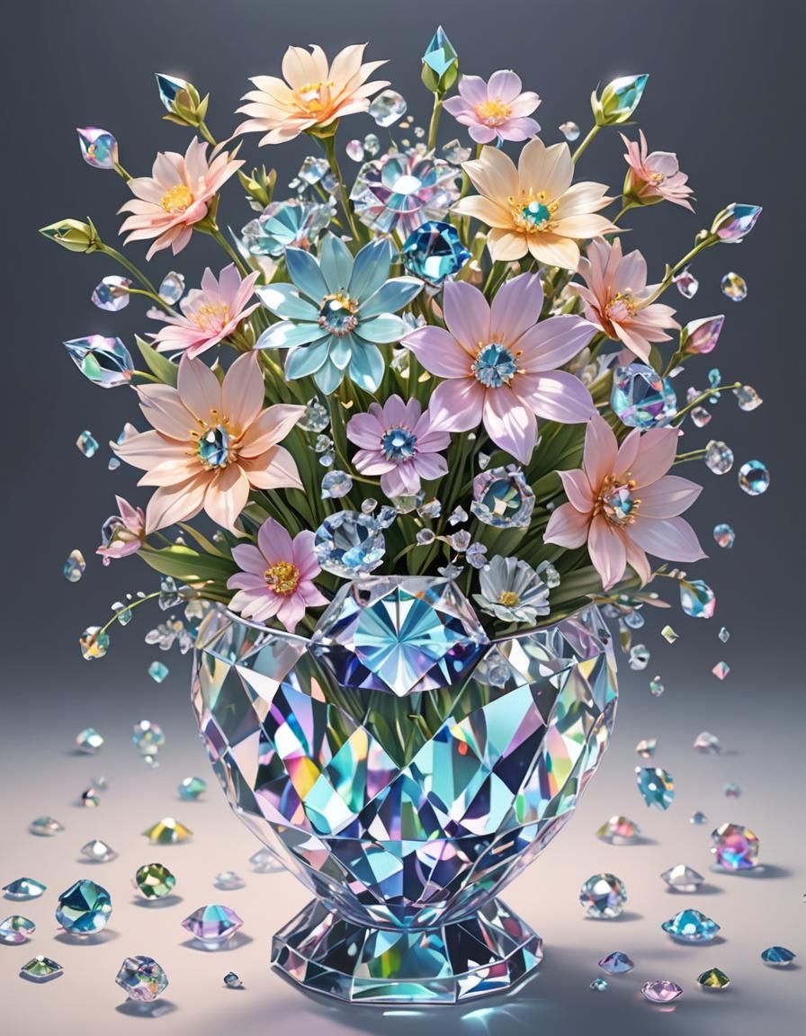 Crystal Flowers in Iridescent Vase: 3D Anime Art