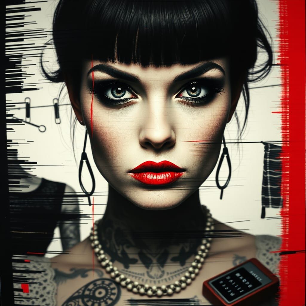 Digital Collage with Glitches and Tattooed Woman