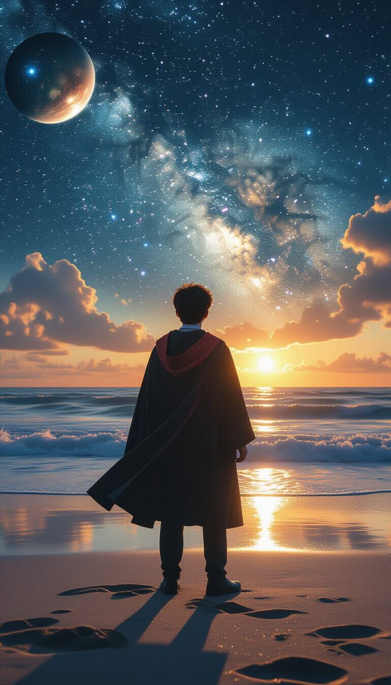 Harry Potter on a Cosmic Beach in Cinematic Style