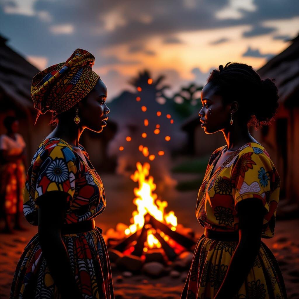 African Girls in Dramatic Village Scene with Fire