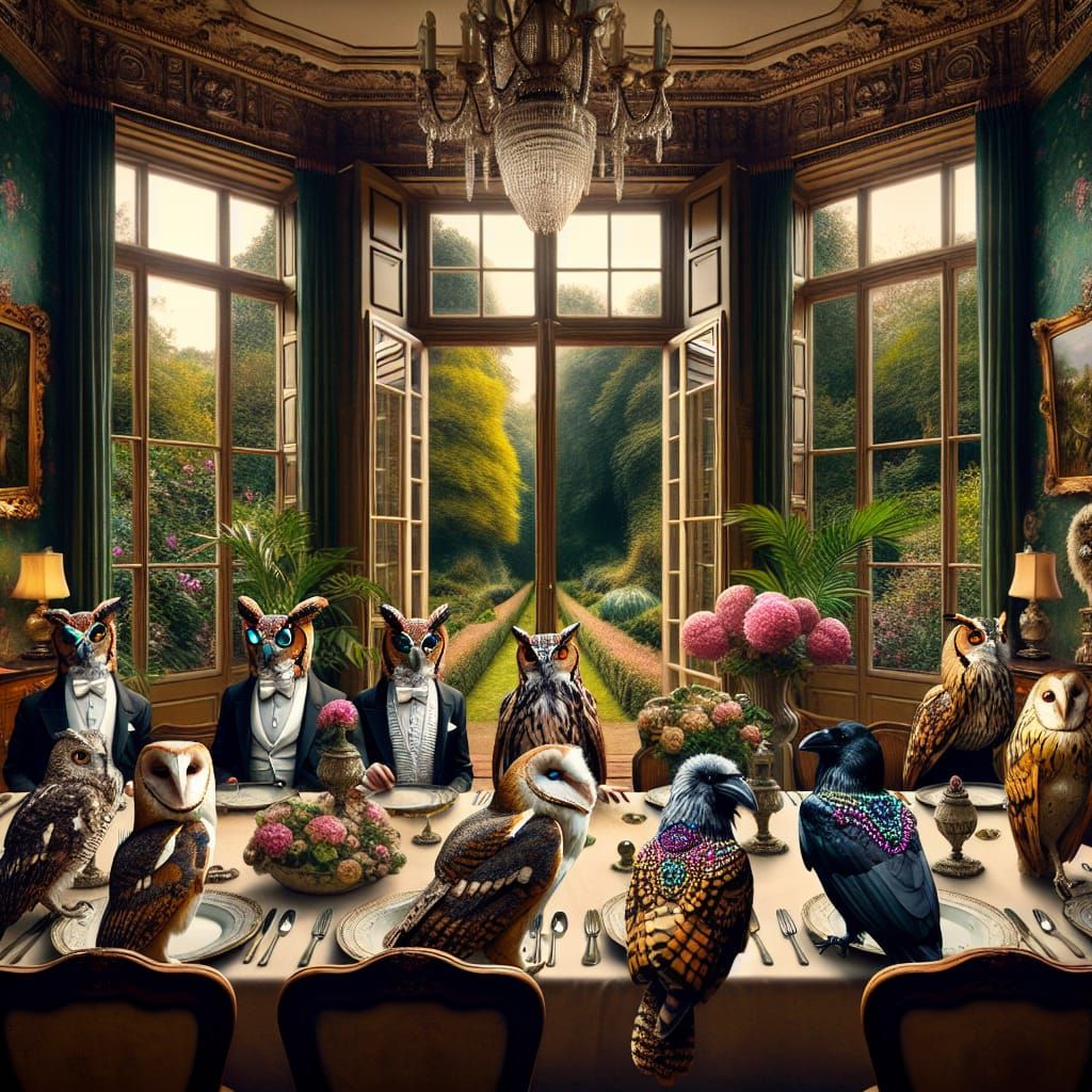 Cyberpunk Owls and Crows in Overgrown Garden