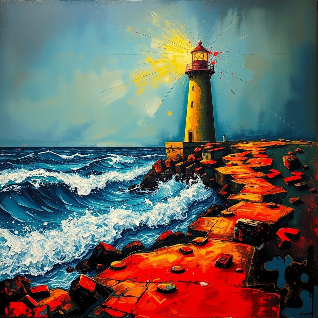 Abstract Lighthouse Illuminates Surreal Polychrome Seascape