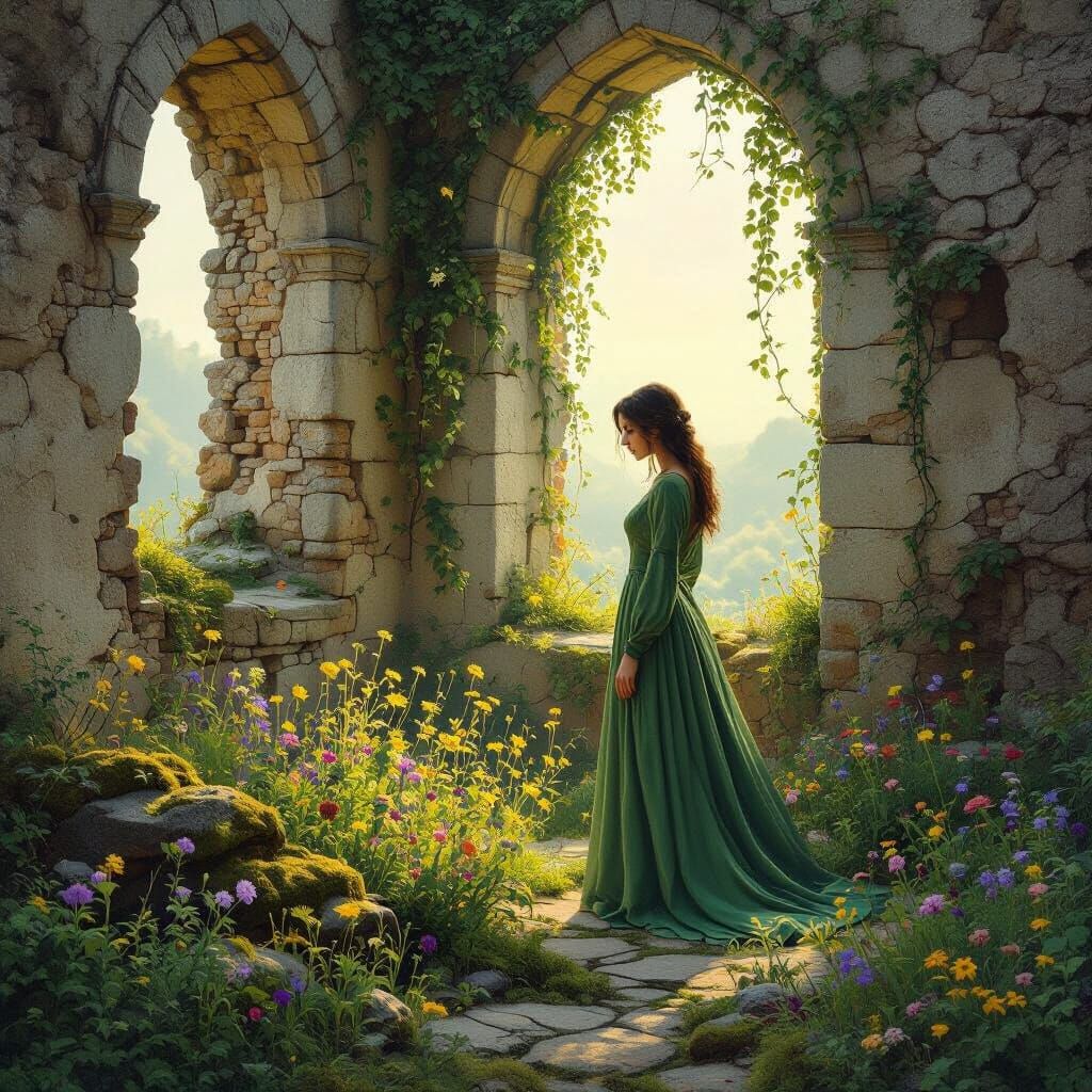 Woman Tending Garden in Ancient Castle Ruins