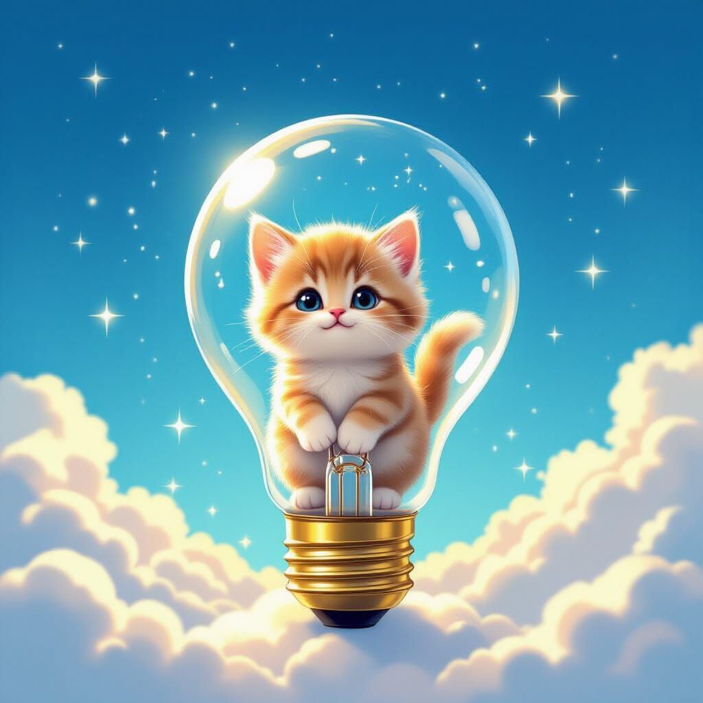 Kitten in Light Bulb Against Starry Sky Illustration