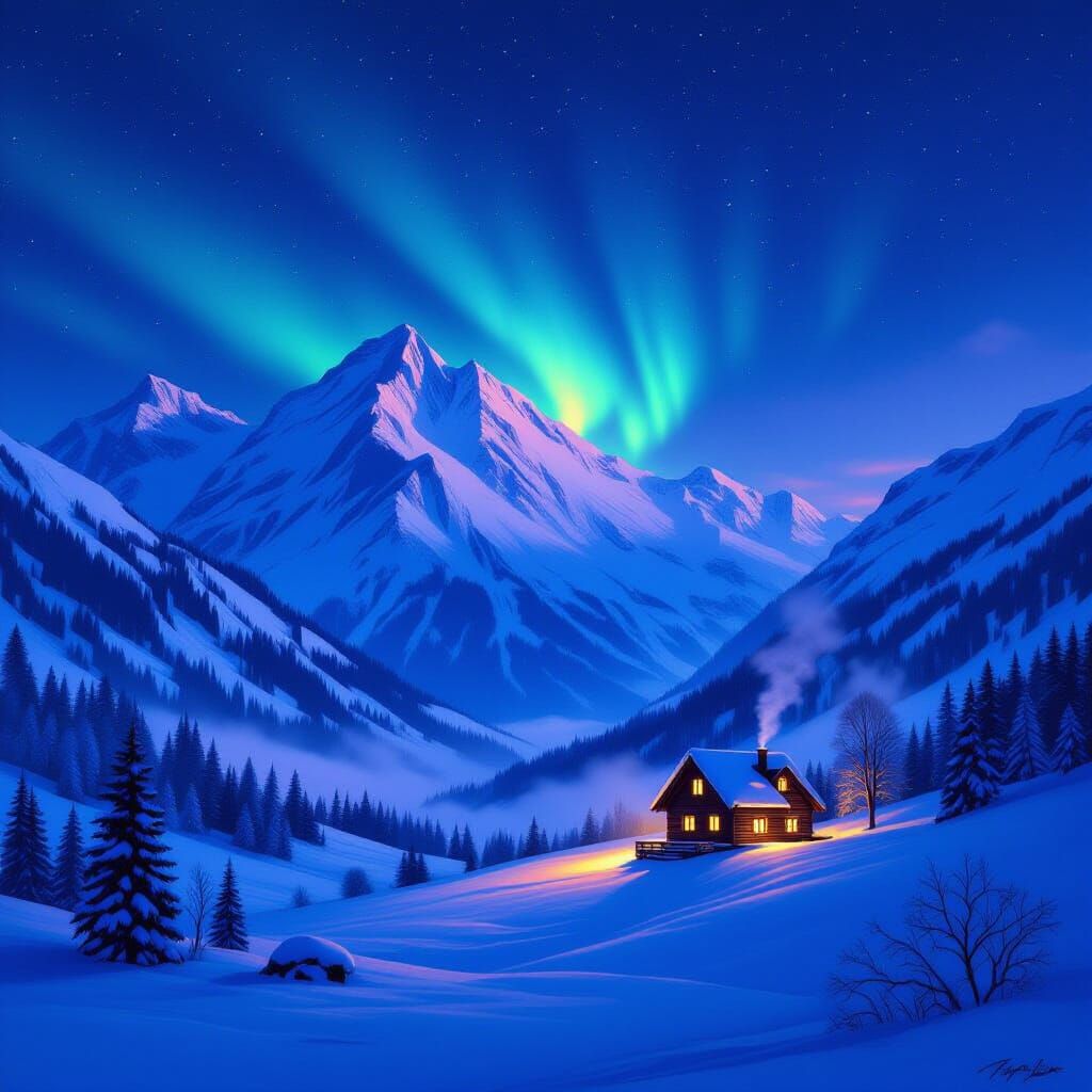 Majestic Snowy Mountains at Dusk with Cozy Cabin