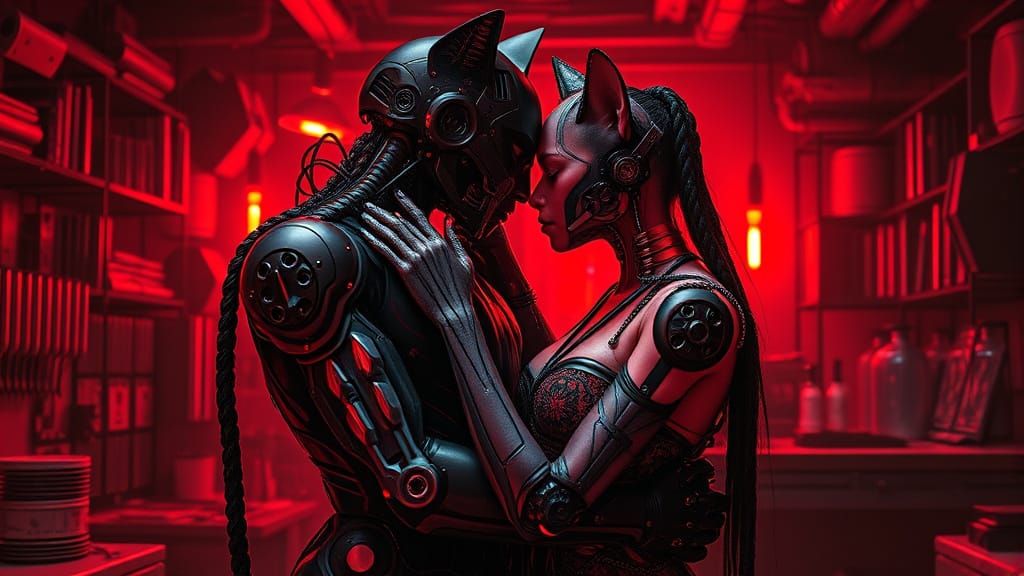 Sensual AI Hybrid and Cat-Woman Embrace in Cyberpunk Atelier