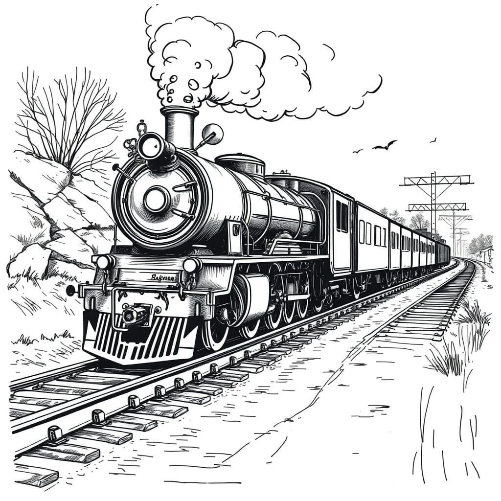 Vintage Steam Train on Rustic Tracks in Sketch Style