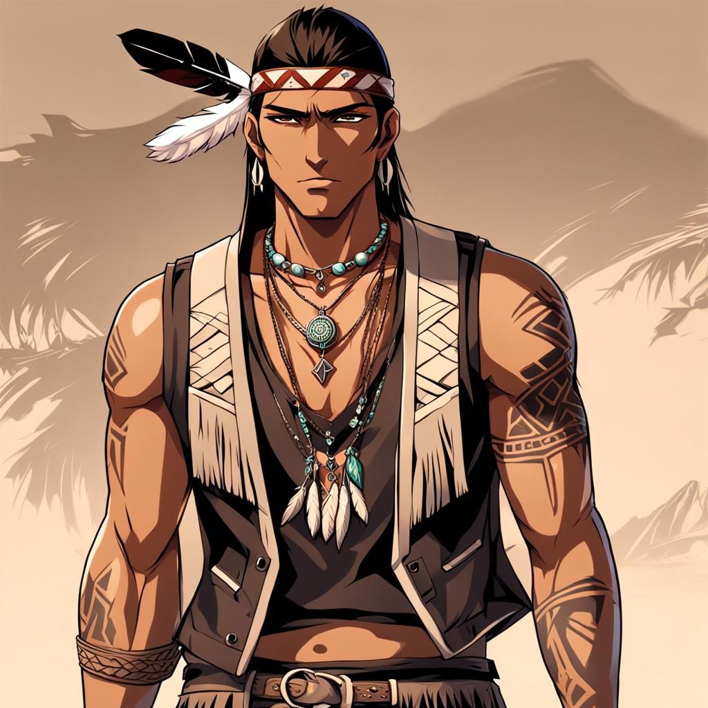 Handsome Native American with Tattoos in Anime Style