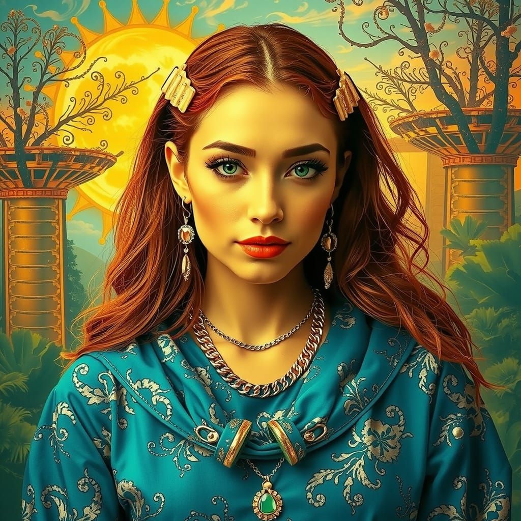 Elegant Woman in Surreal Psychedelic Environment