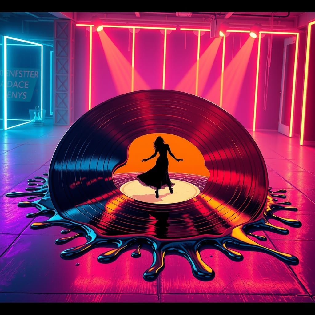 Melting Vinyl Record on Neon Dance Floor