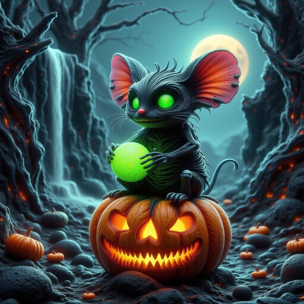 Skeletal Chibi Mouse With Glowing Orb on Pumpkin