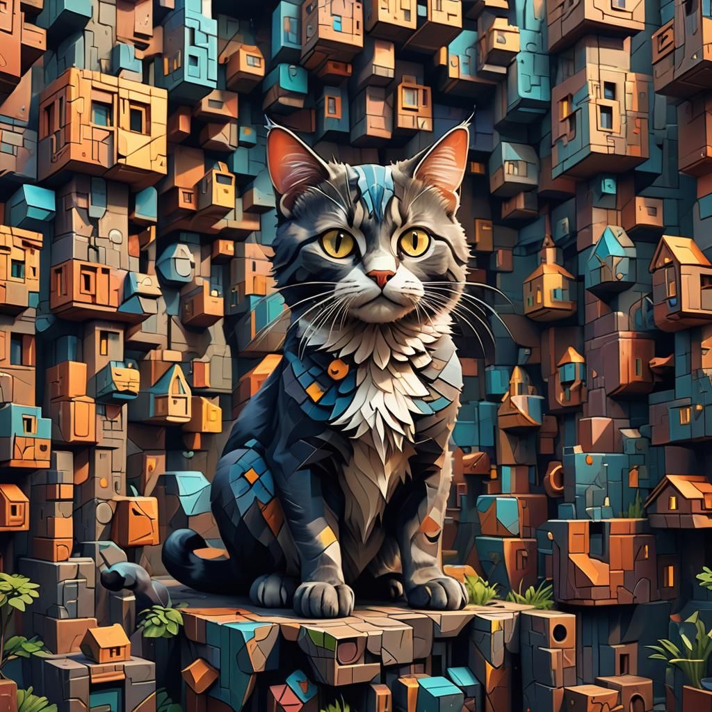 Cubist Cat: Detailed Matte Painting in Deep Color