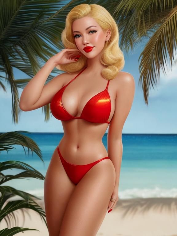 Blonde Bombshell in Red Bikini: Retro Pin-Up Art