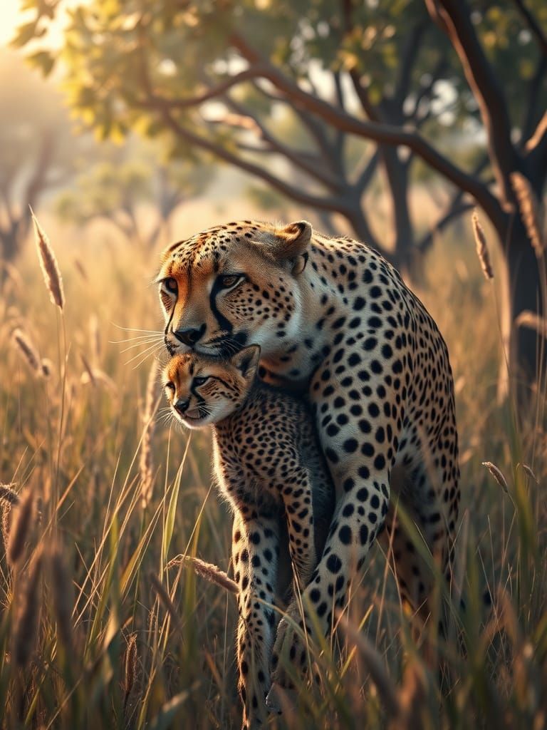Cheetah Mother Carries Cub Through African Savanna