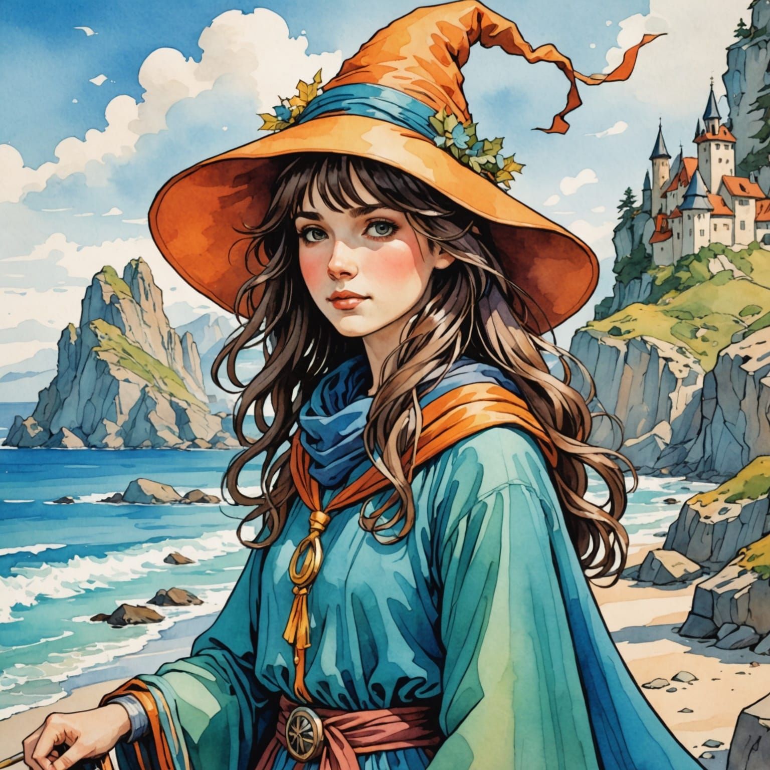 Cheerful Girl Wizard on Seashore in Manga Style