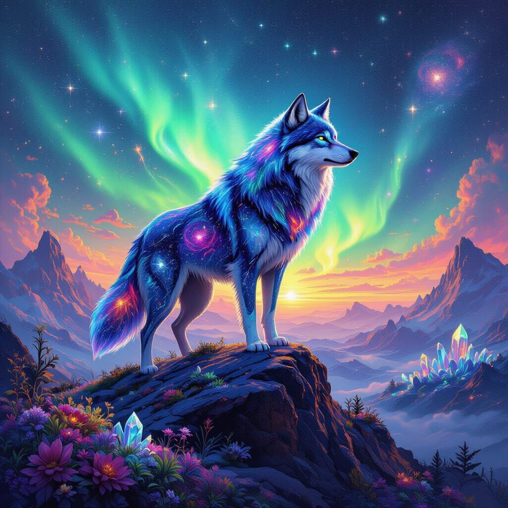 Psychedelic Cosmic Wolf on Alien Mountaintop