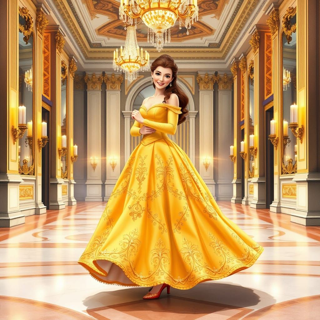 Elegant Princess in a Grand Watercolor Ballroom Scene