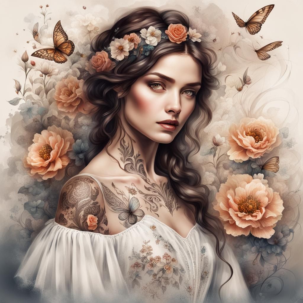 Elegant Brunette Portrait with Flowery Tattoos