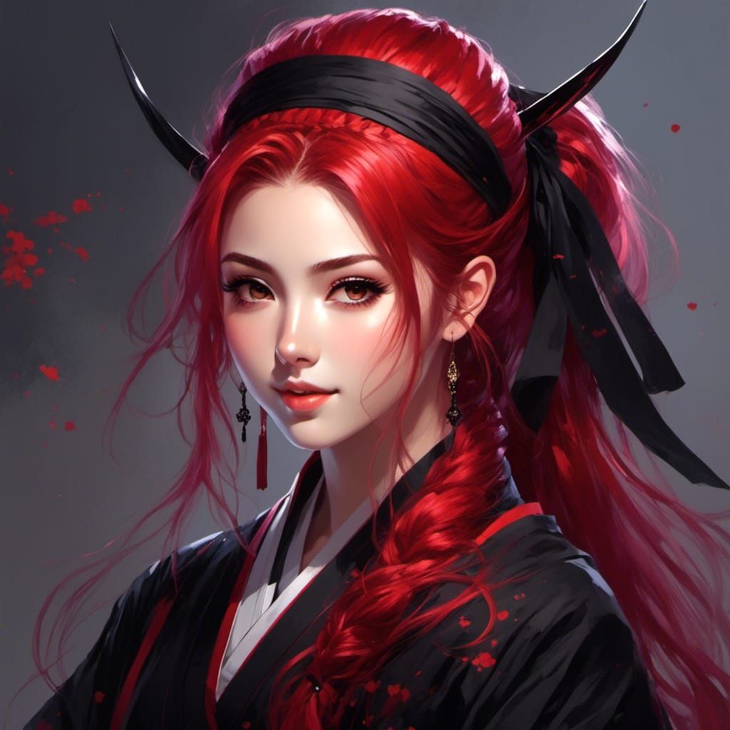 Anime Fantasy Portrait with Red Hair in Kimono