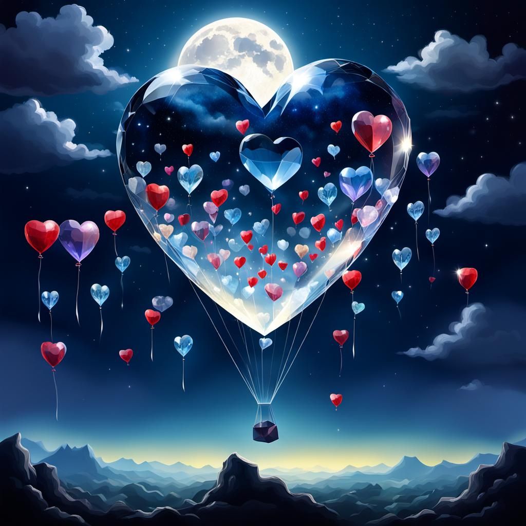 Crystal Heart Balloons Ascend into Sunny Sky