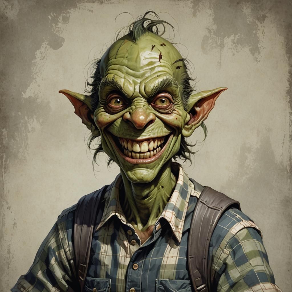 Sinister Goblin in Checkered Shirt: Digital Art