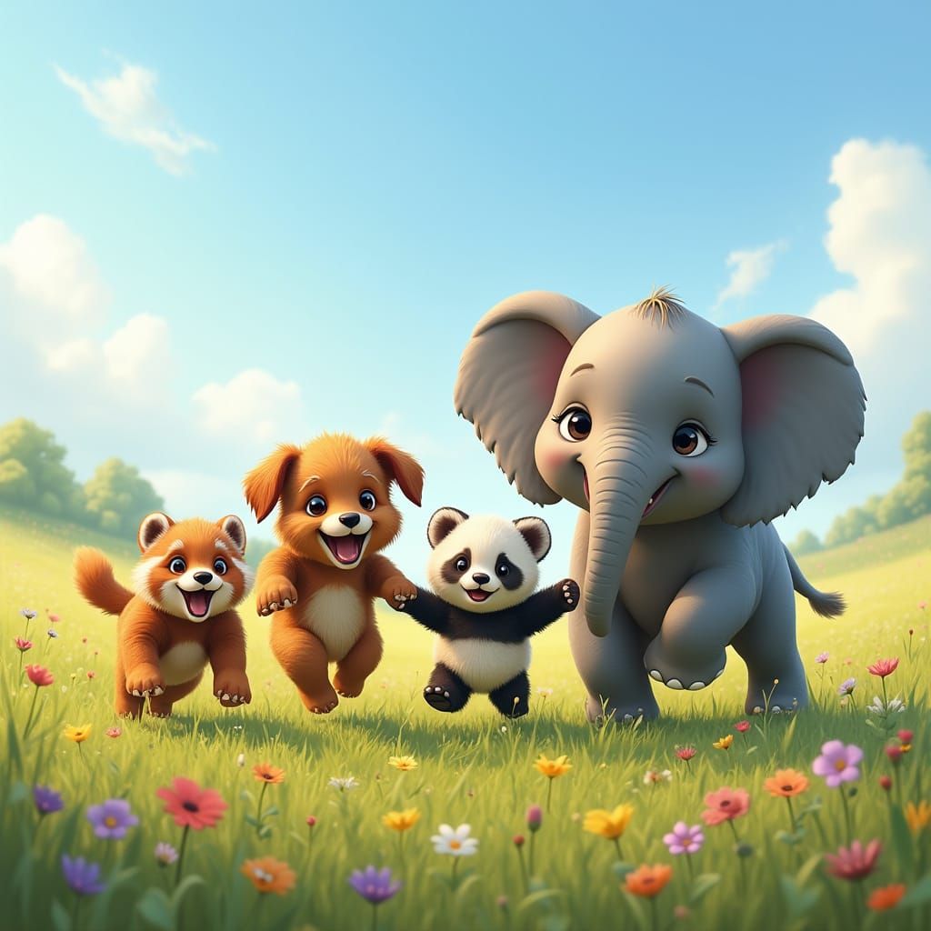 Adorable Animals Frolic in Lush Meadow in Realistic Wildlife...