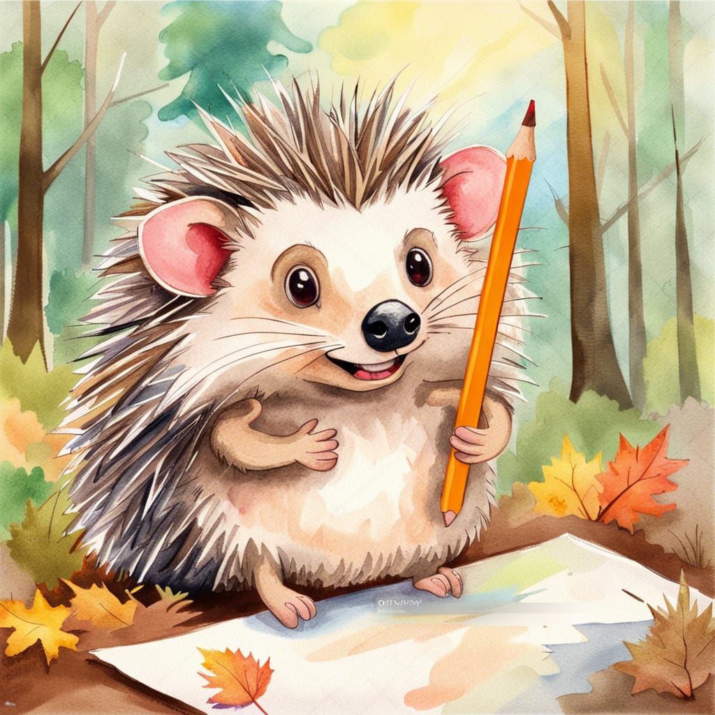 Cartoon Hedgehog Creates Watercolor Portrait in Forest