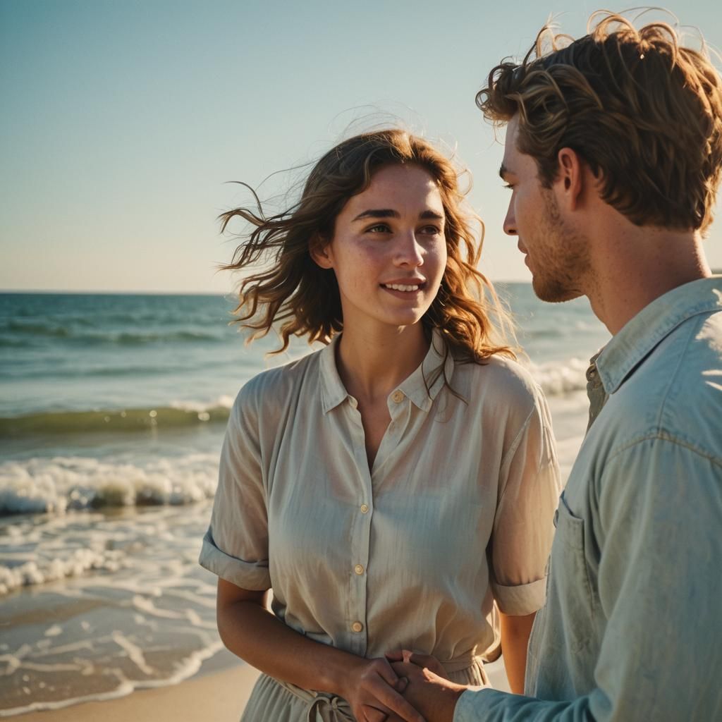 Young Couple's Beach Conversation: Golden Hour Film Still