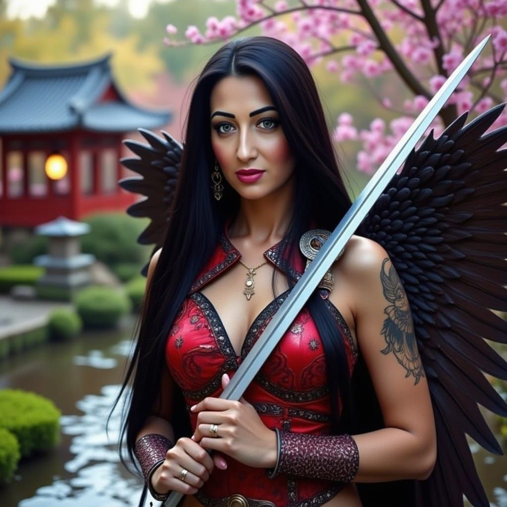 Majestic Warrior Woman in Cherry Blossom Garden