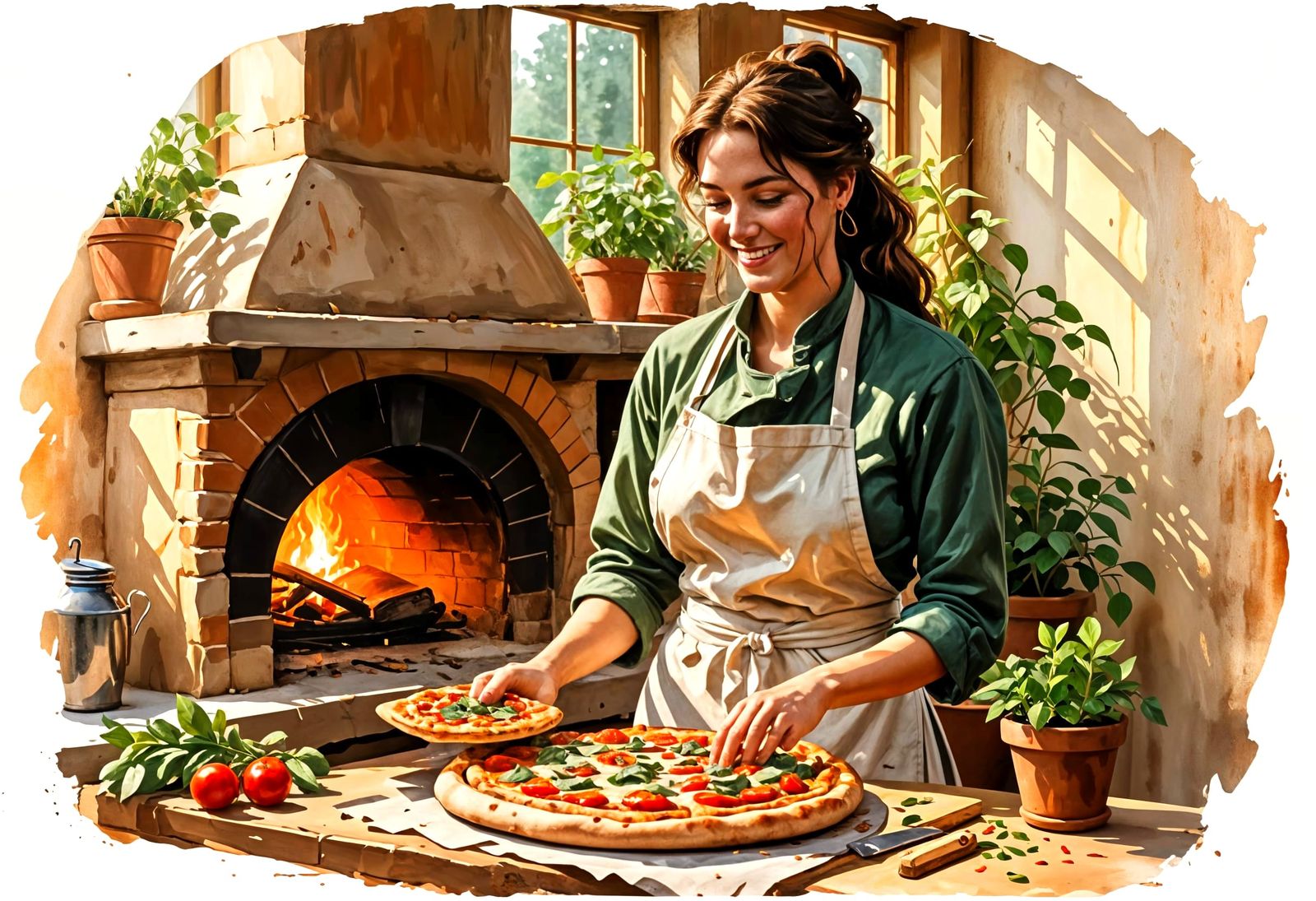 Chef Topping Pizza: Oil Painting with Splash Art