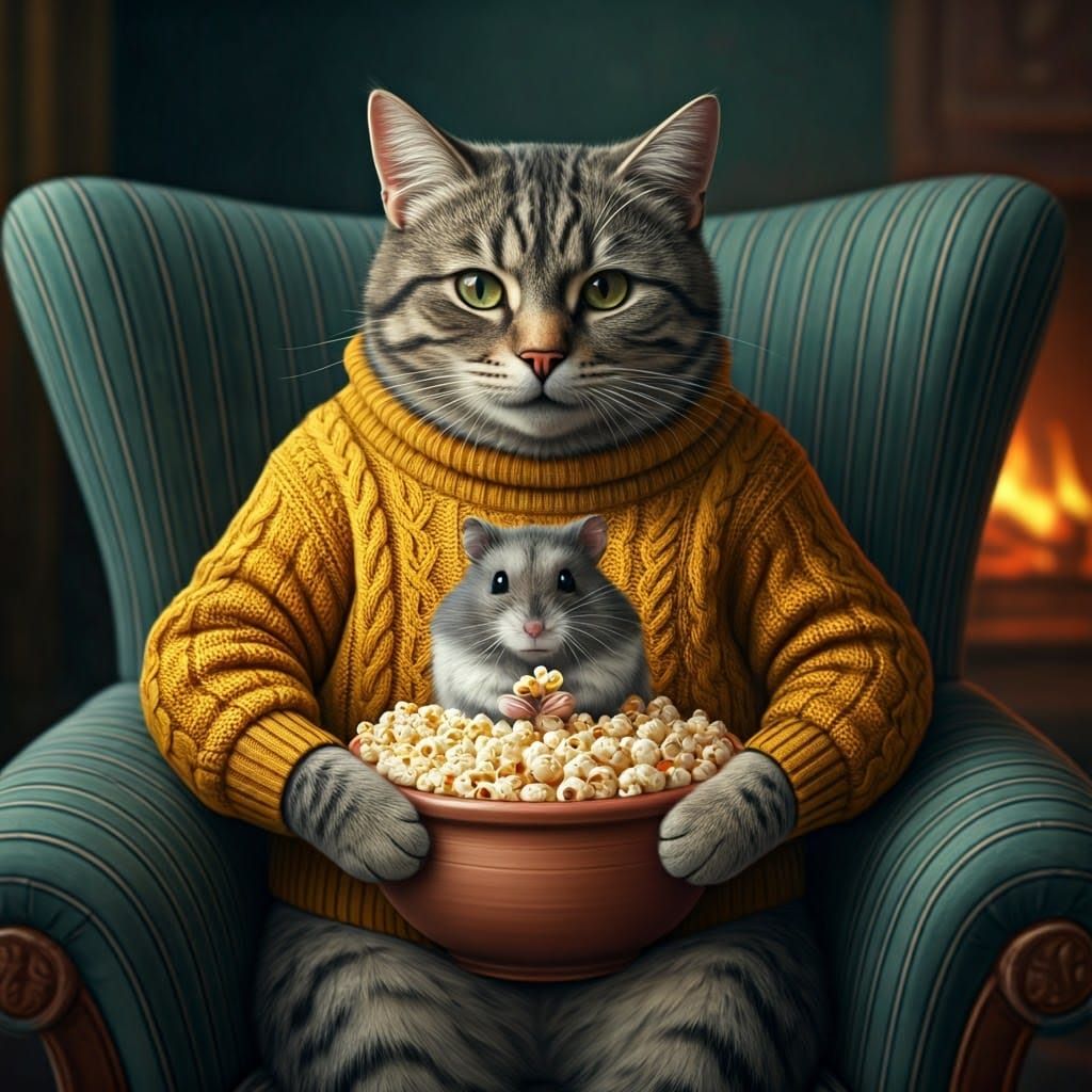 Warm Tabby Cat and Hamster Enjoying Popcorn in Cozy Velvet A...