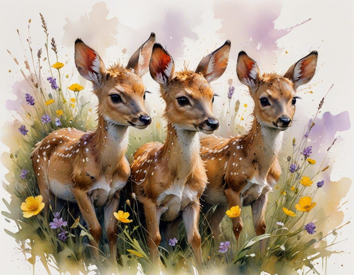 Fawns Resting in Meadow, Watercolor Painting
