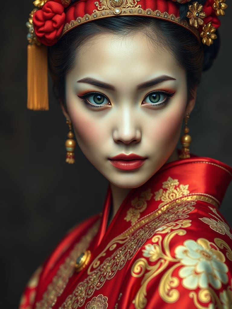 Beautiful Chinese Woman in Kimono: 15th Century Oil Painting