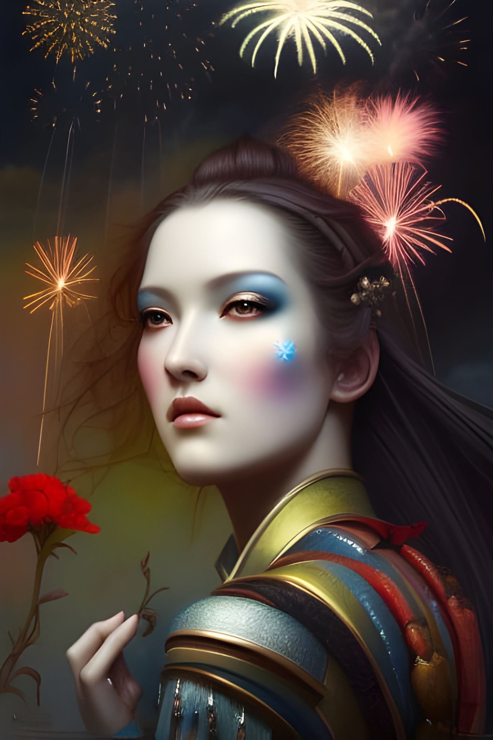 Woman Watching Fireworks: Hyperdetailed Fantasy Art