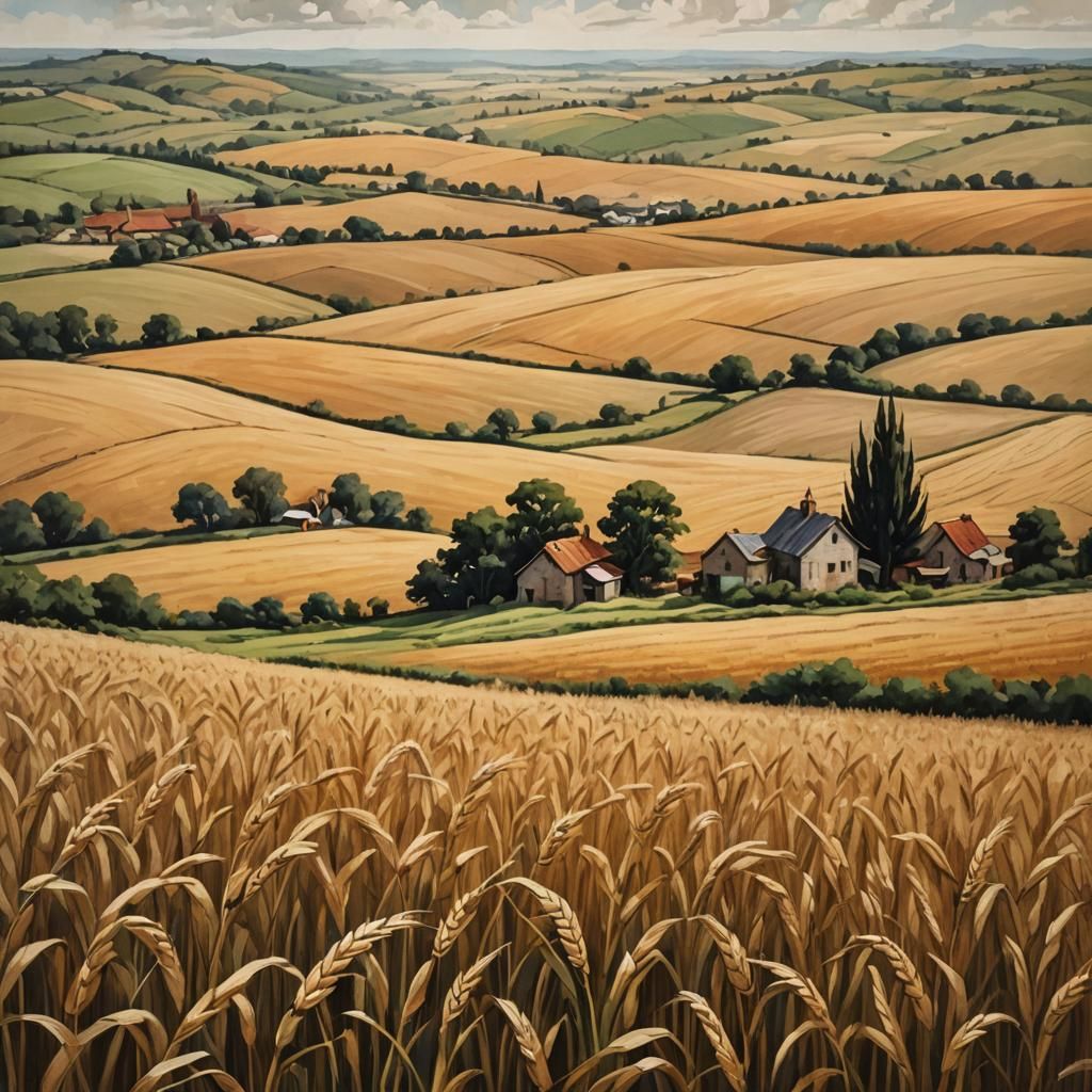 Vintage Oil Painting: Scenic Wheat Fields Landscape