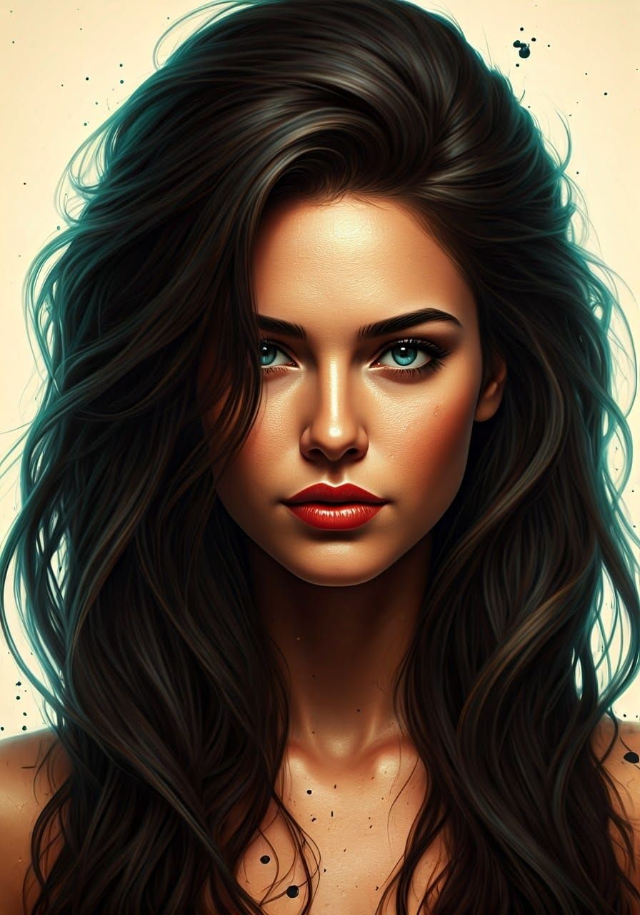 Woman in Vibrant, Whimsical Portrait with Black Ink Splatter...