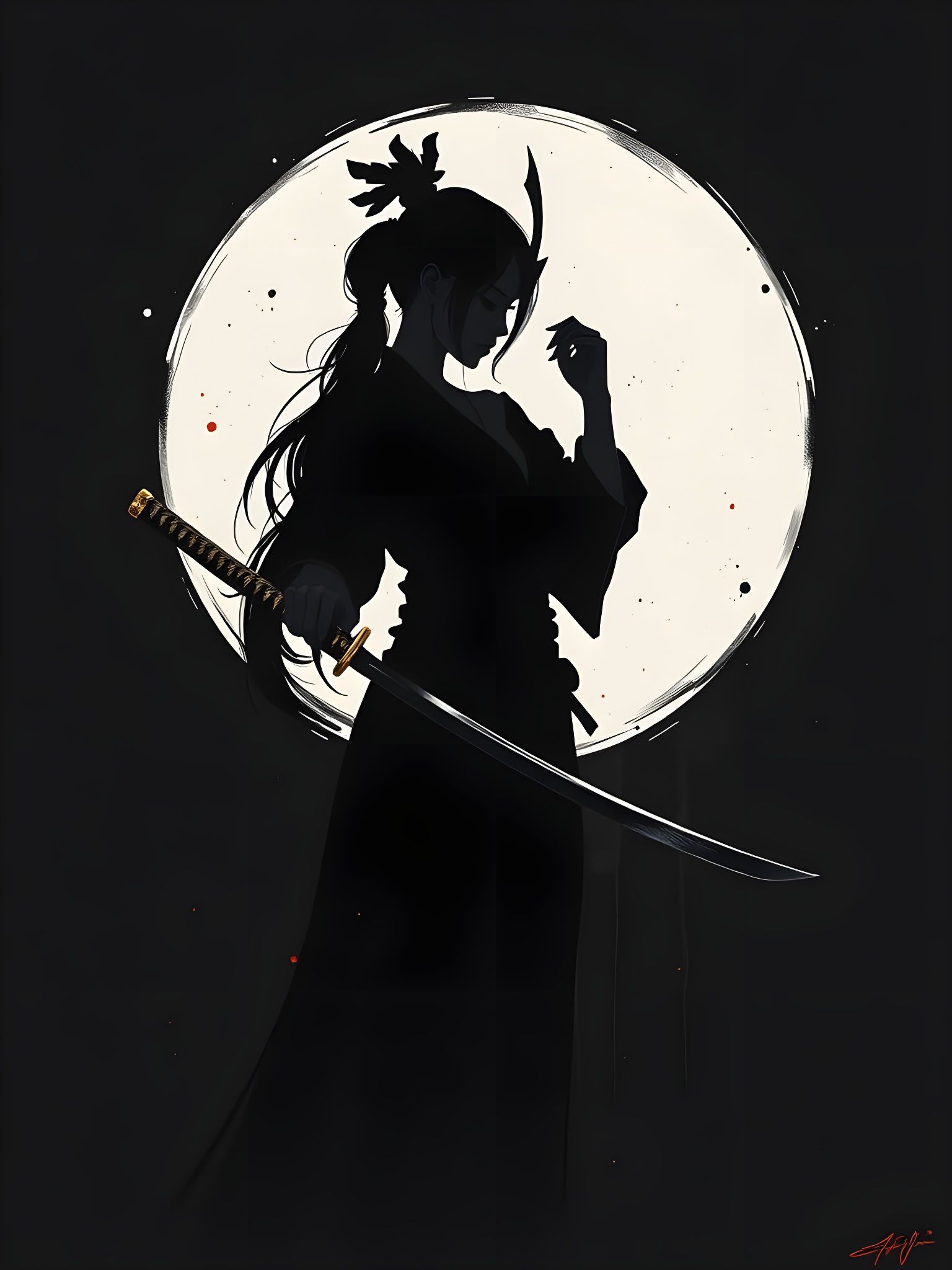 Mysterious Female Samurai in Charcoal Silhouette