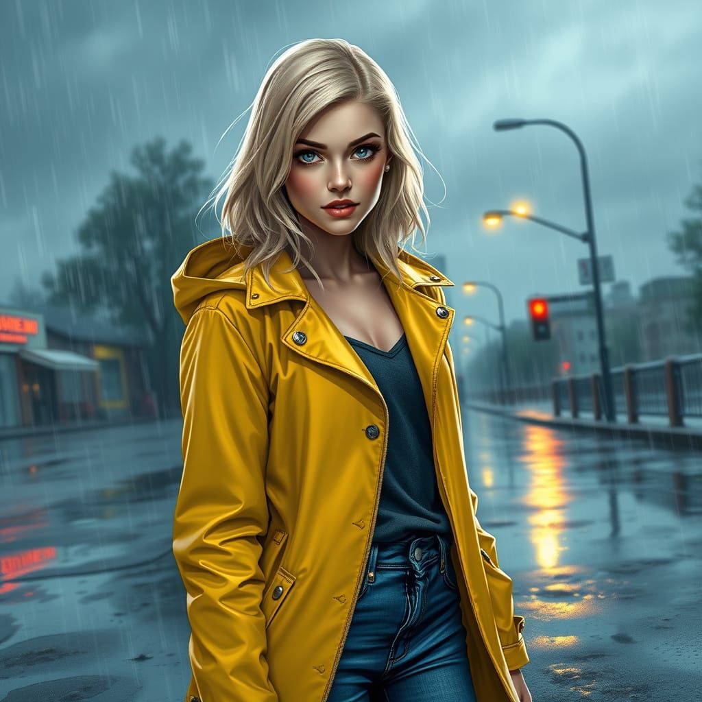 Gwen Stacy in Yellow Raincoat on Rainy Day