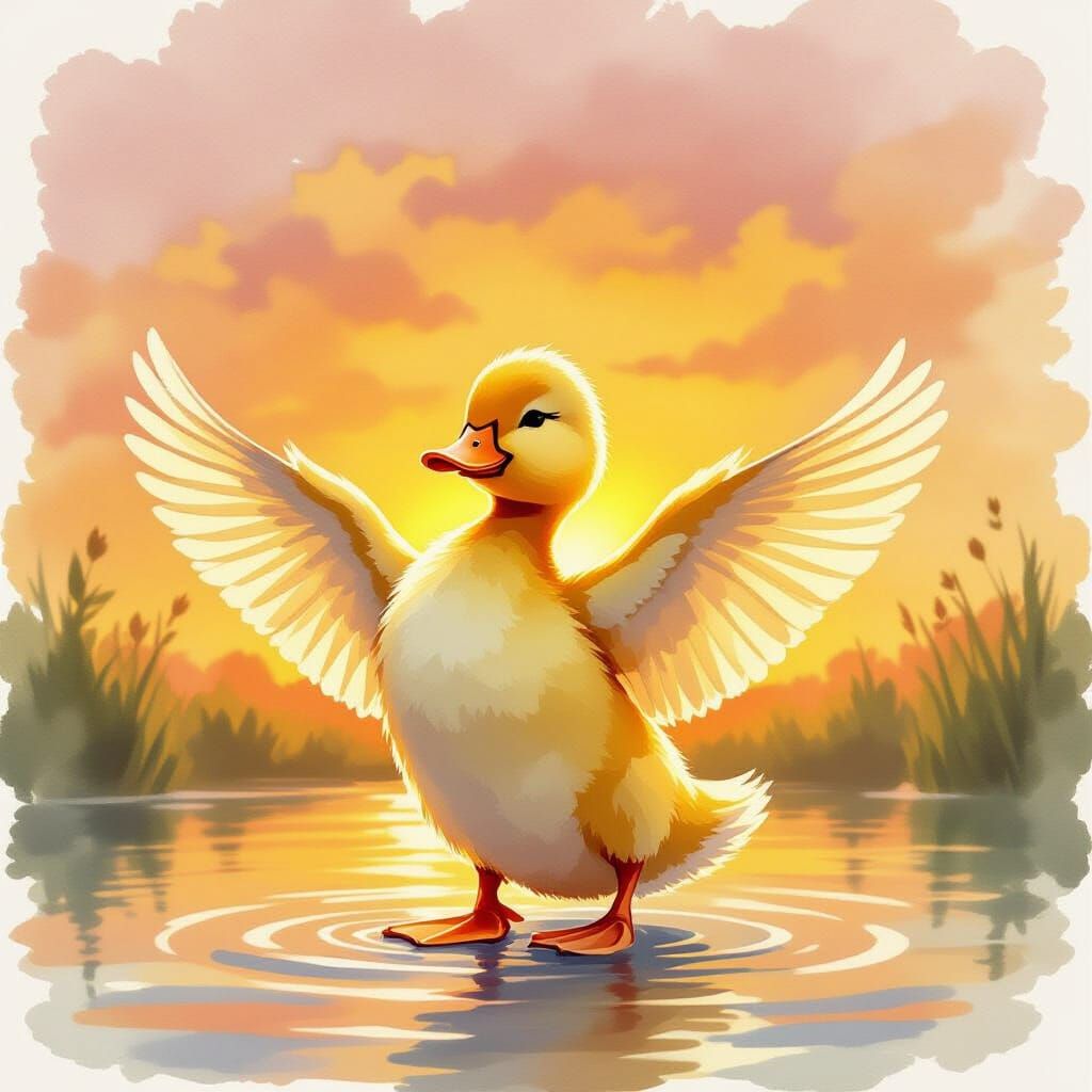 Duckling Spins at Sunset: Watercolor Illustration