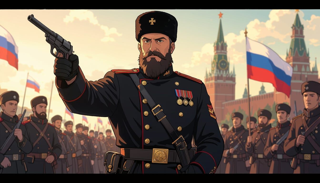 Russian Orthodox Cossack Protecting Russia: Propaganda Image