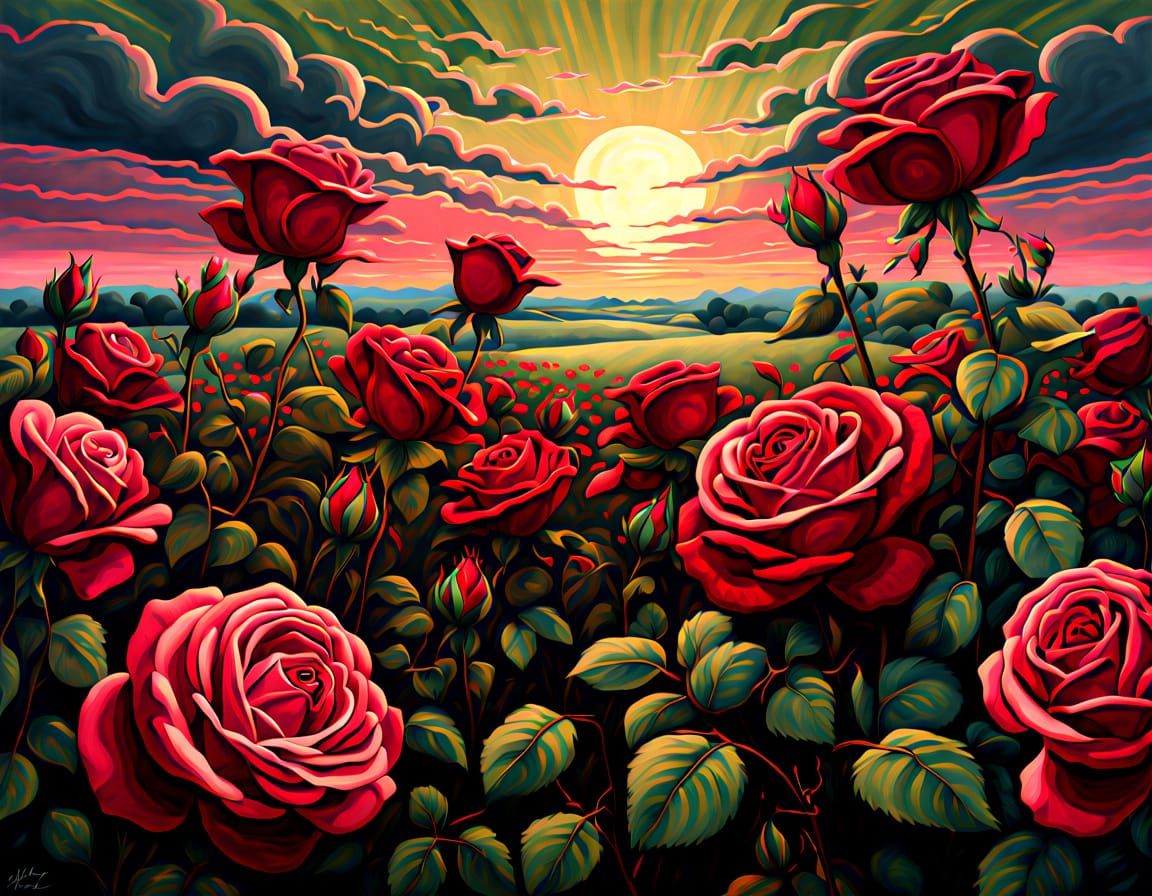 Art Deco Rose Field at Twilight