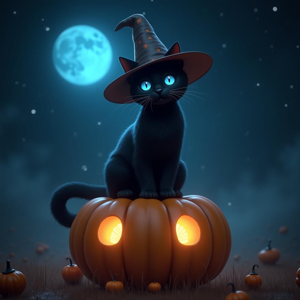 Magical Black Cat on Pumpkin in Fantasy Art Style