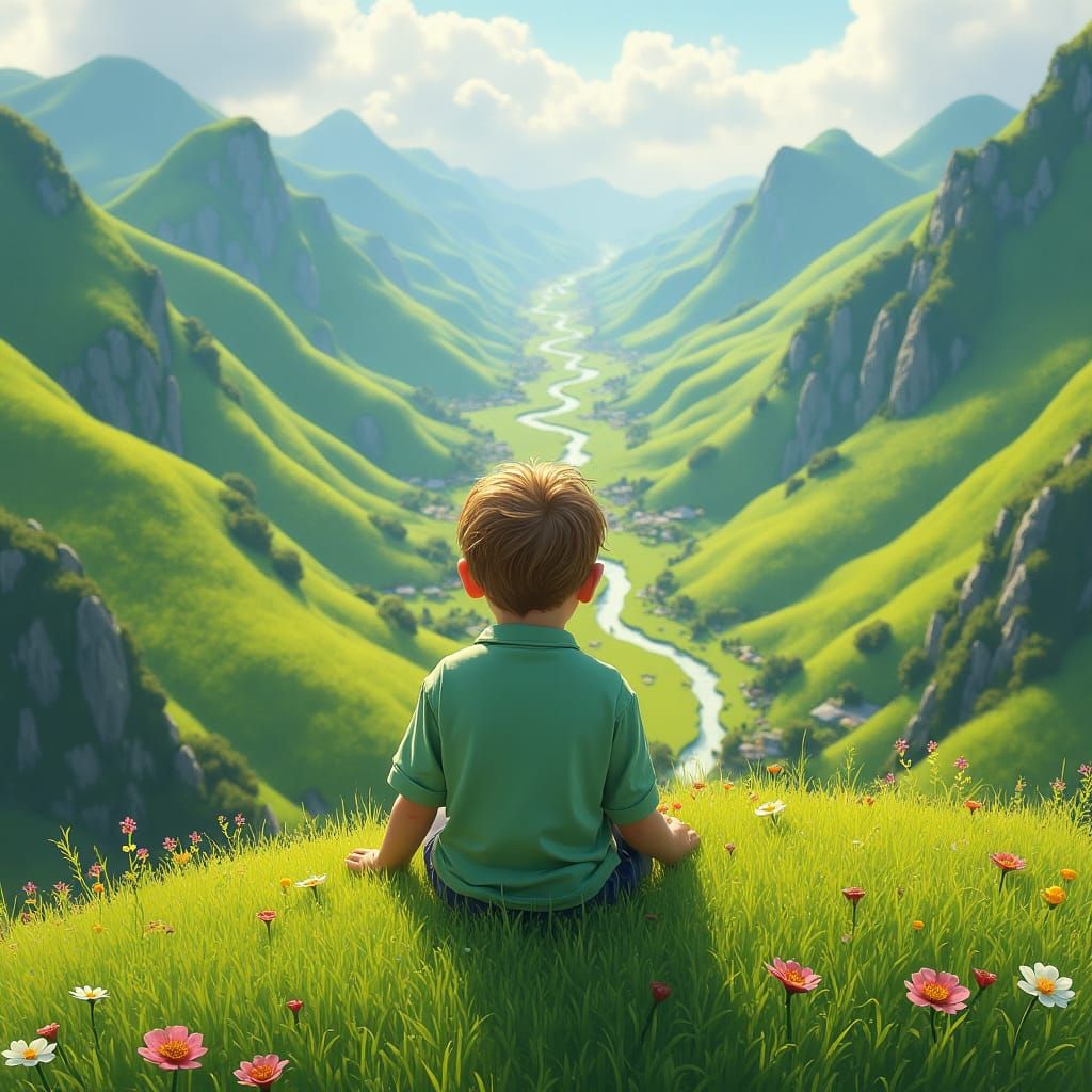 Boy Contemplates Emerald Valley in Dreamlike Landscape