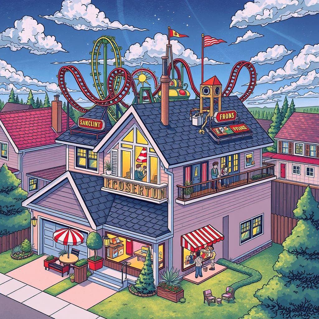 Rooftop Amusement Park in Hypersurreal Hand-Drawn Style
