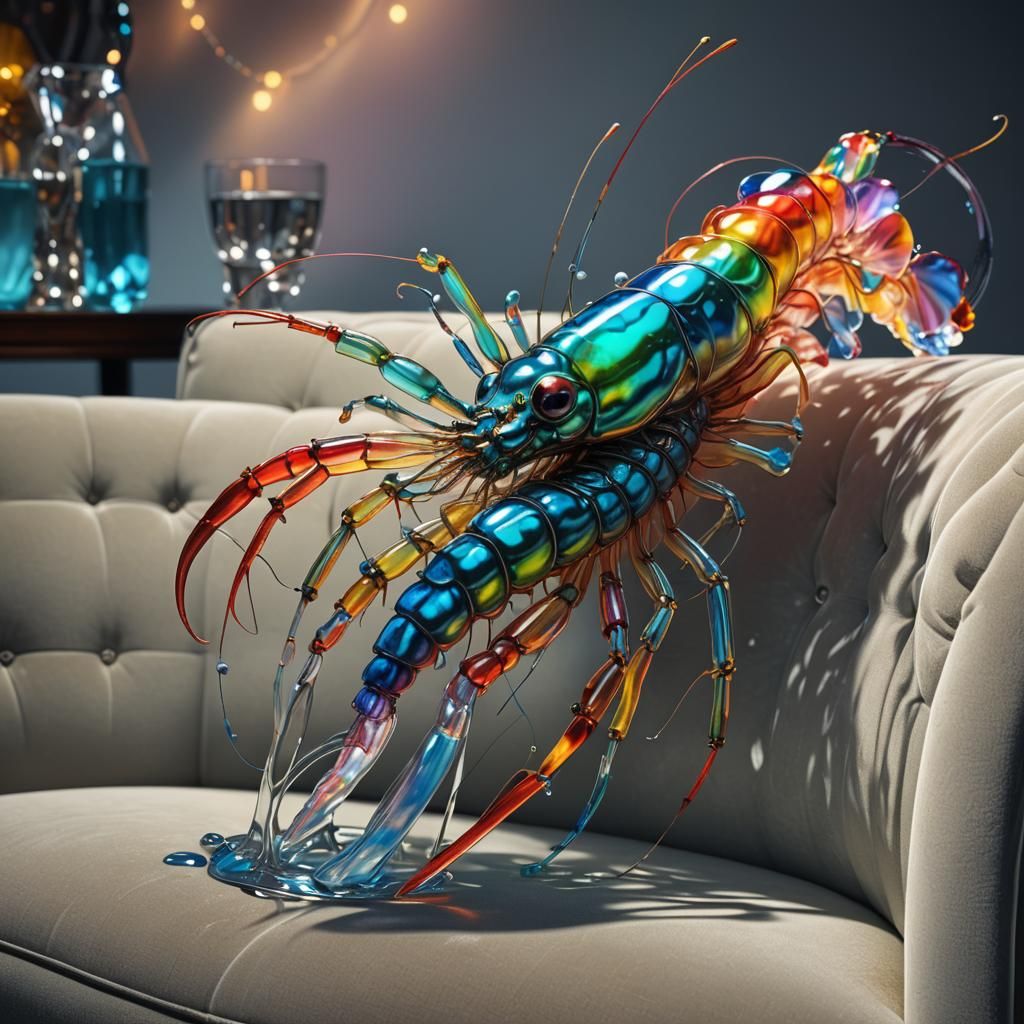 Glass Shrimp on Sofa in Surrealist Style