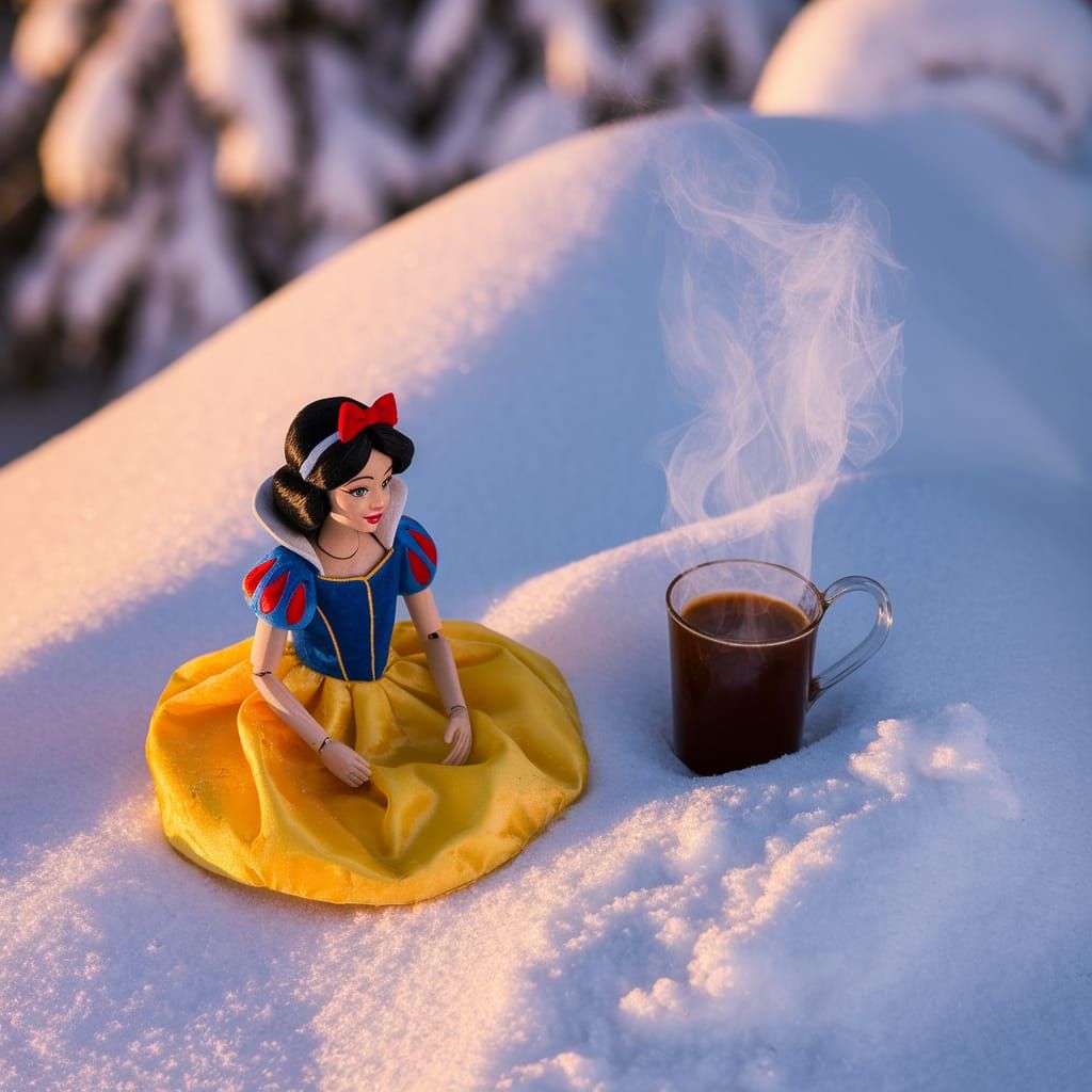 Snow White Marionette With Coffee in Snowy Forest