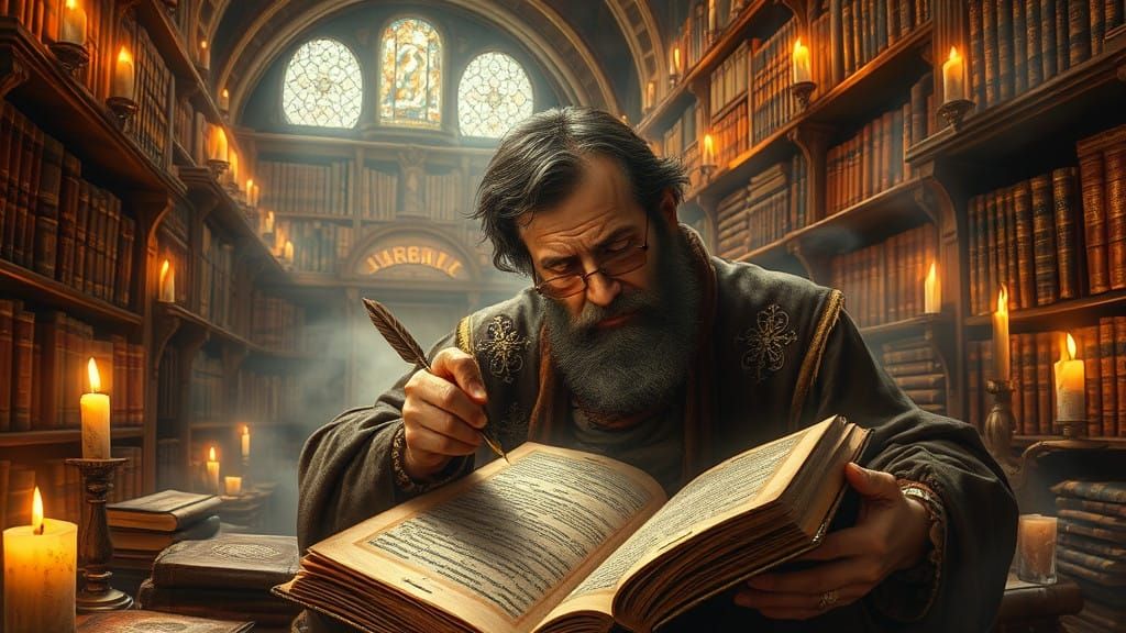 Scholar Unlocks Ancient Secrets in Golden-Lit Study