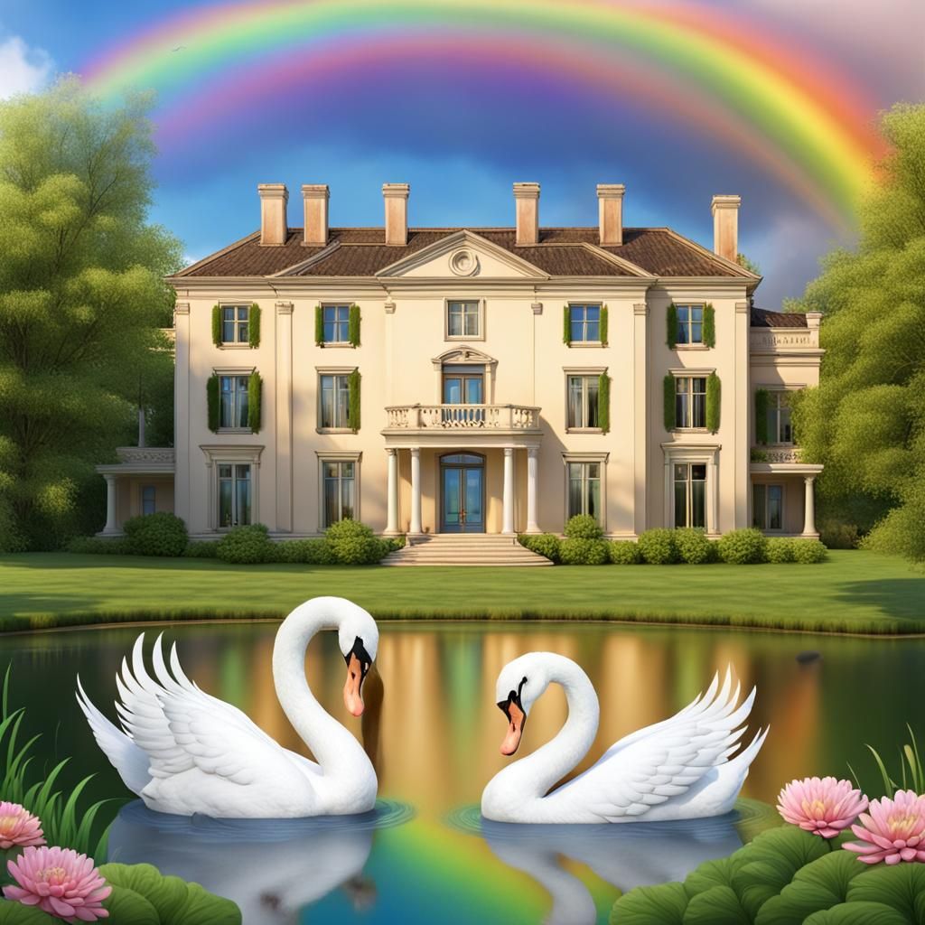 Idyllic Mansion Scene with Swans and Rainbow