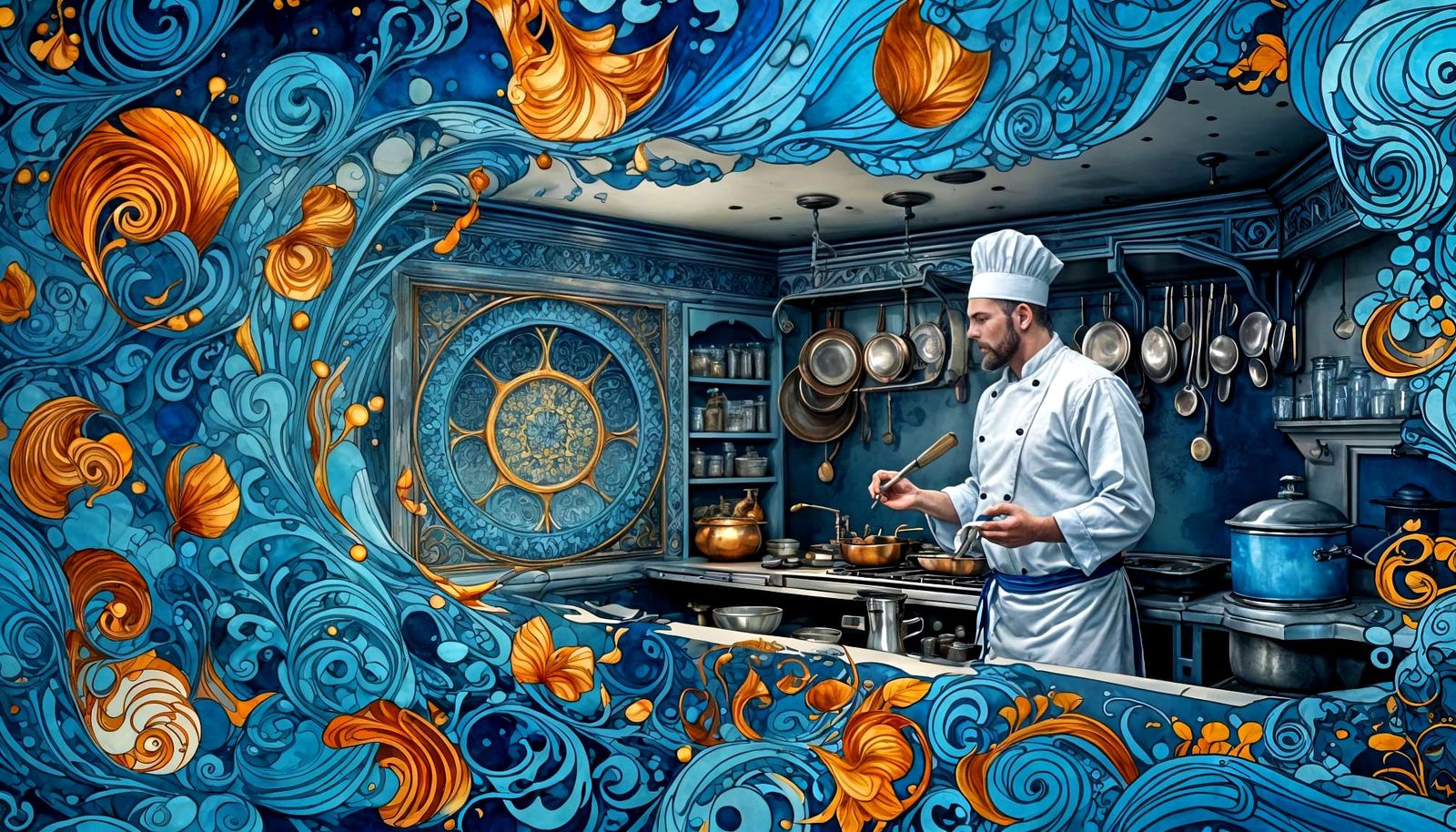 Whimsical Blue & Copper Kitchen with Detailed Chef